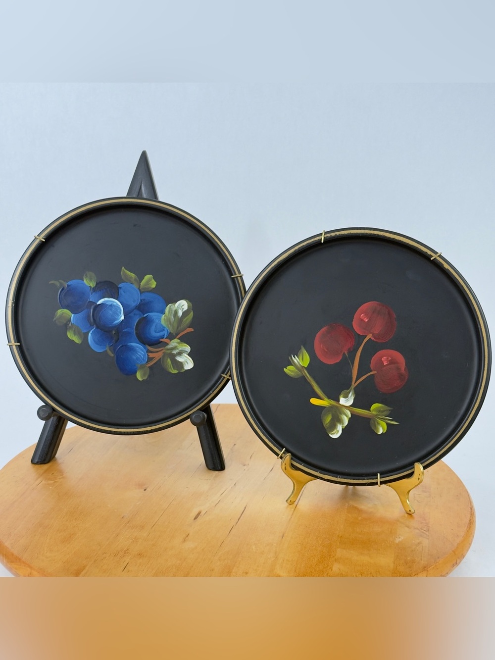 Vintage Nashco Black Hand Painted Metal Toleware Fruit Serving Trays, Wall Decor